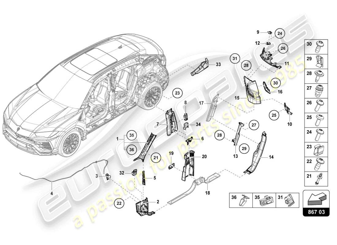 lamborghini urus performante (2023) pillar trim parts diagram