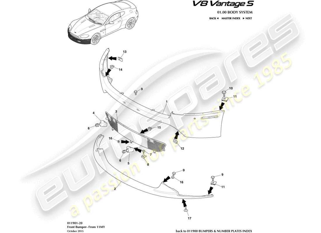 aston martin v8 vantage (2012) front bumper, 12.25my on & v8s part diagram