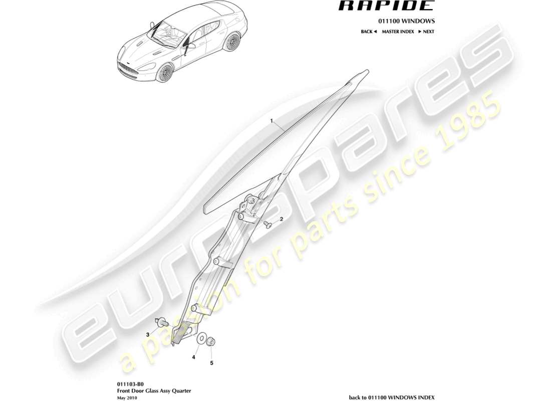 aston martin rapide (2010) front door quarter glass parts diagram