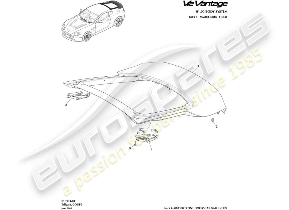 aston martin v12 vantage (2010) tailgate, coupe part diagram