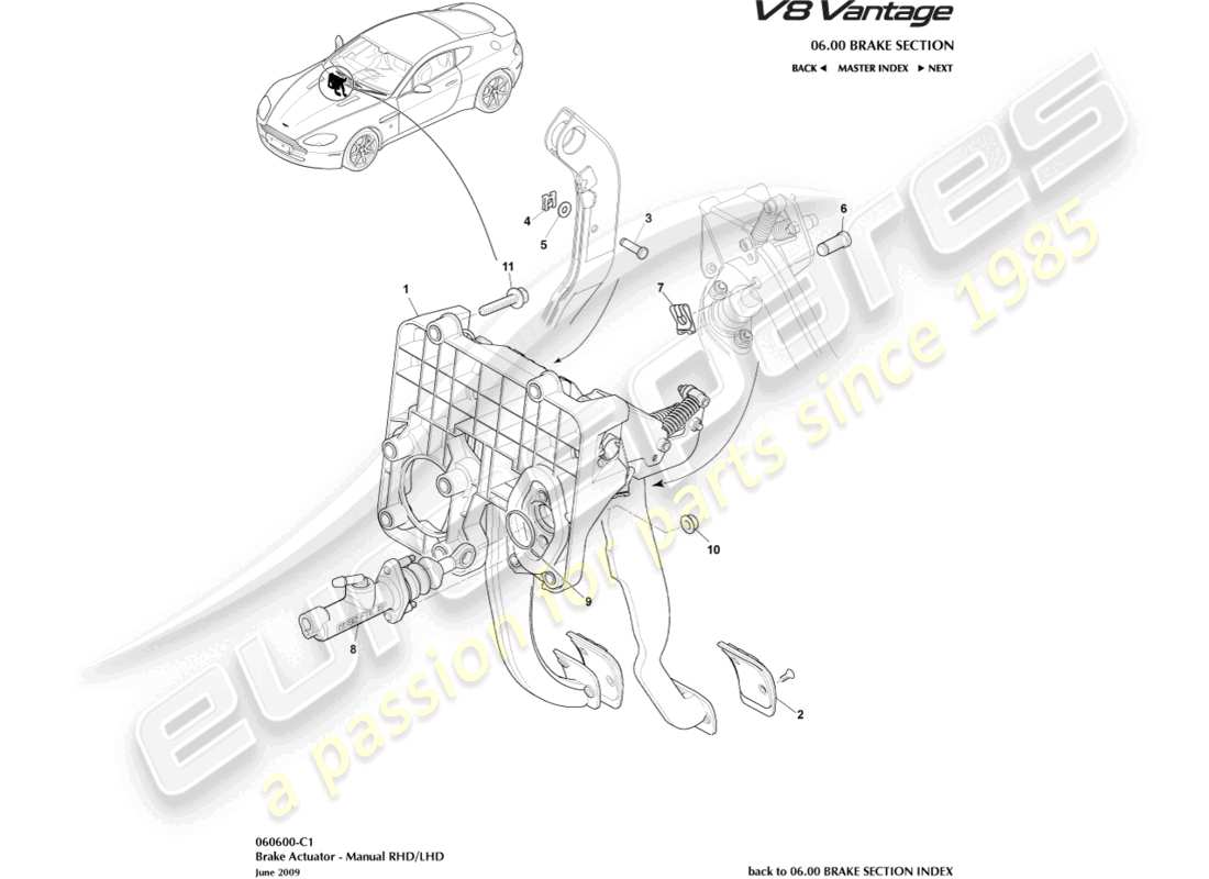 aston martin v8 vantage (2012) brake actuator assembly, manual part diagram