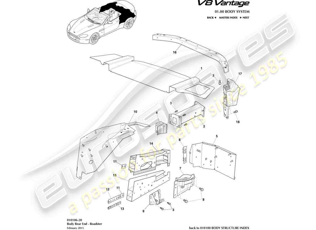 aston martin v8 vantage (2012) body rear end, roadster part diagram