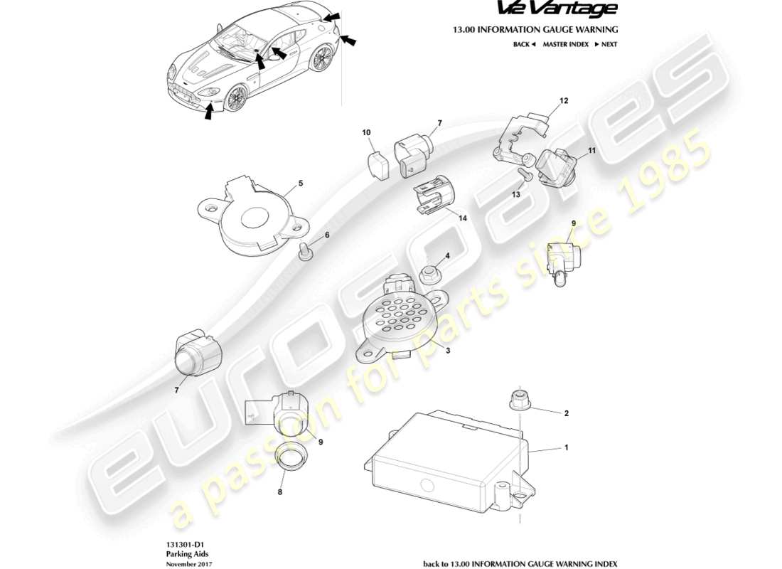 aston martin v12 vantage (2010) parking aid sensors part diagram