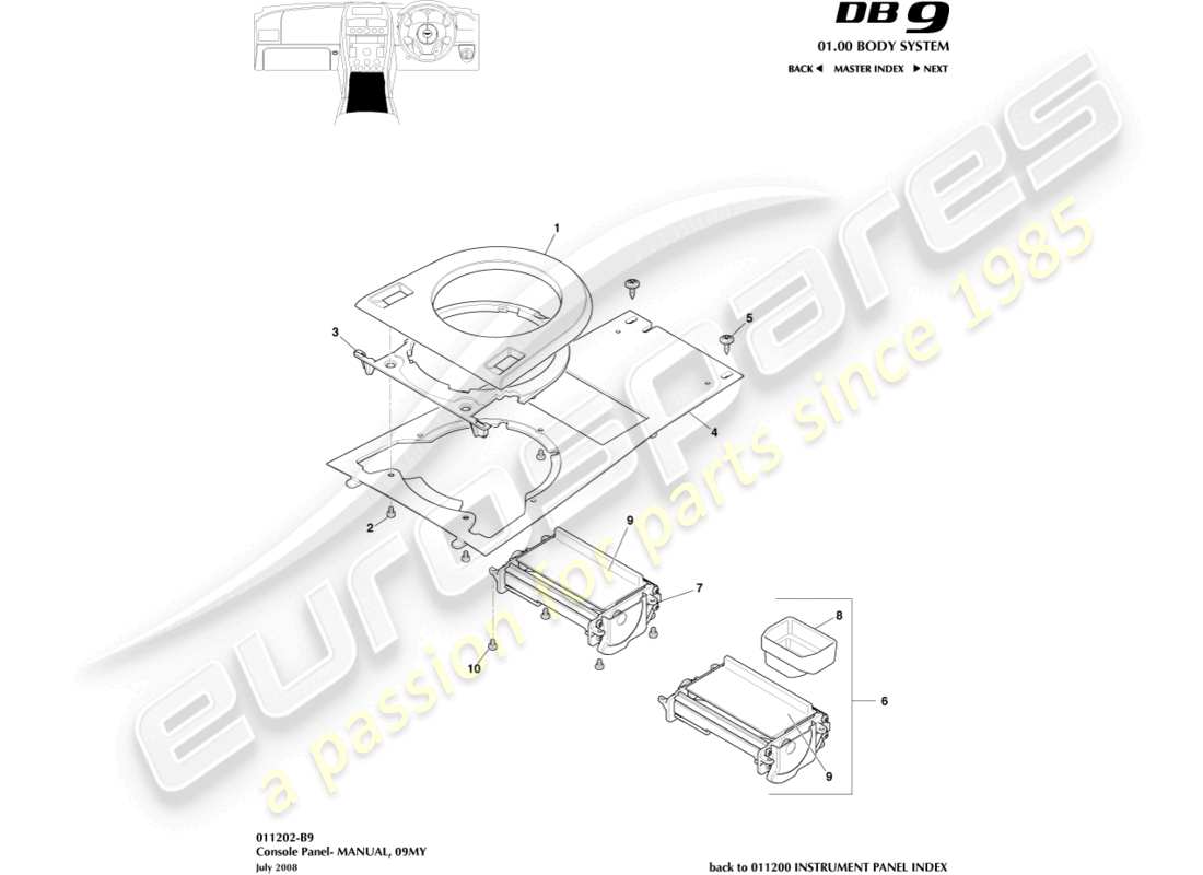 aston martin db9 (2004) front console, manual, 09my parts diagram