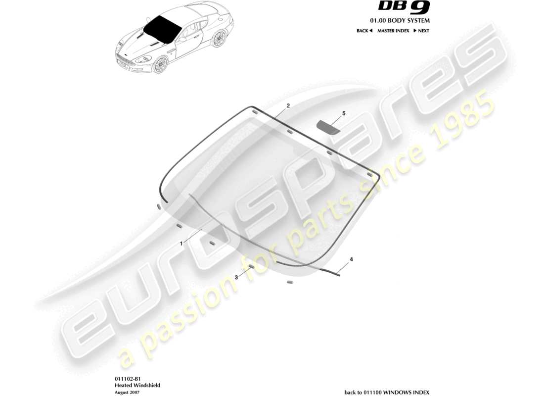 aston martin db9 (2009) windscreen, heated parts diagram