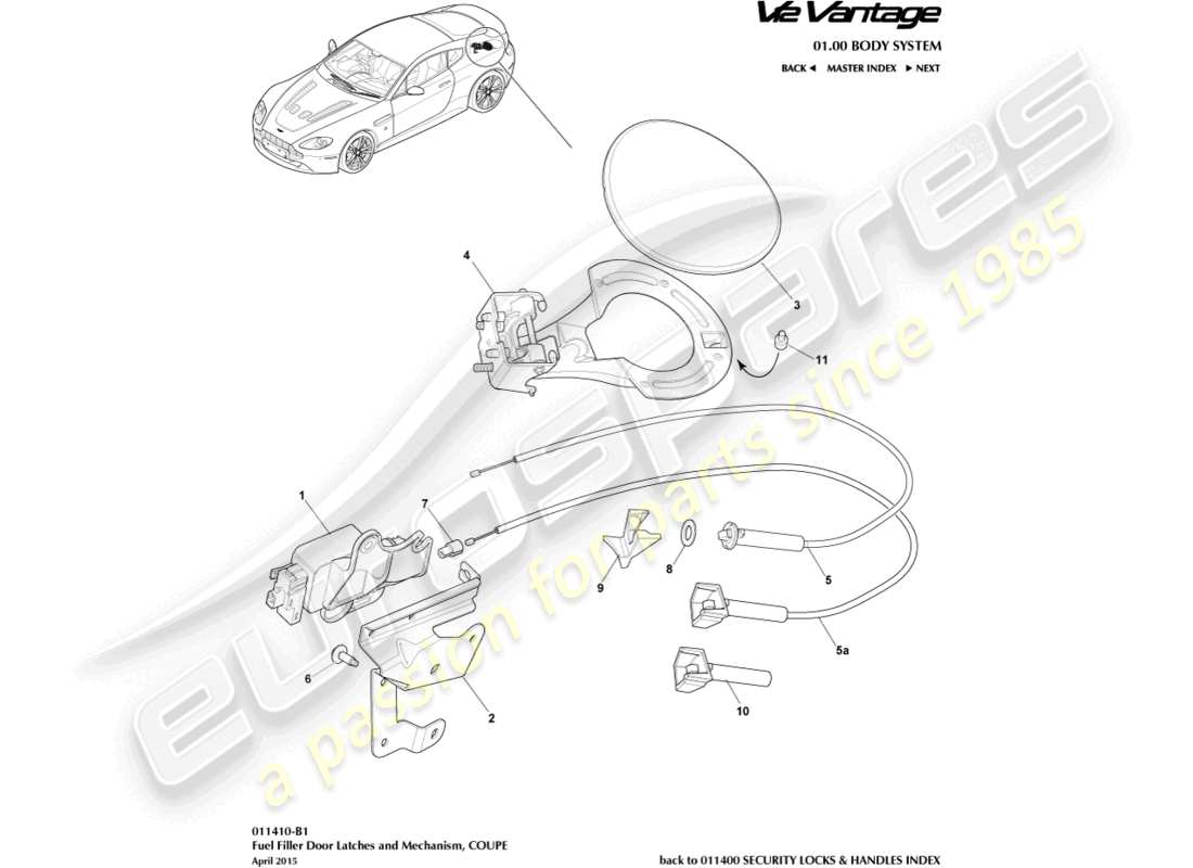 aston martin v12 vantage (2011) fuel filler mechanism, coupe part diagram