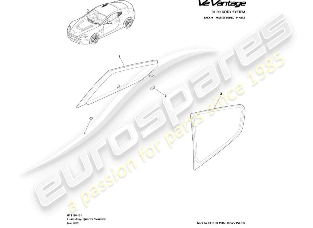 aston martin v12 vantage (2011) rear quarter glass, coupe part diagram