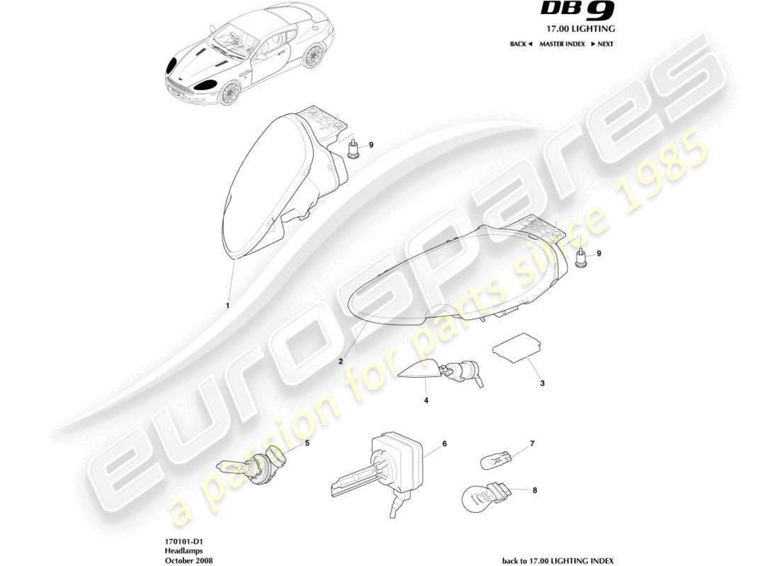 aston martin db9 (2009) headlights parts diagram