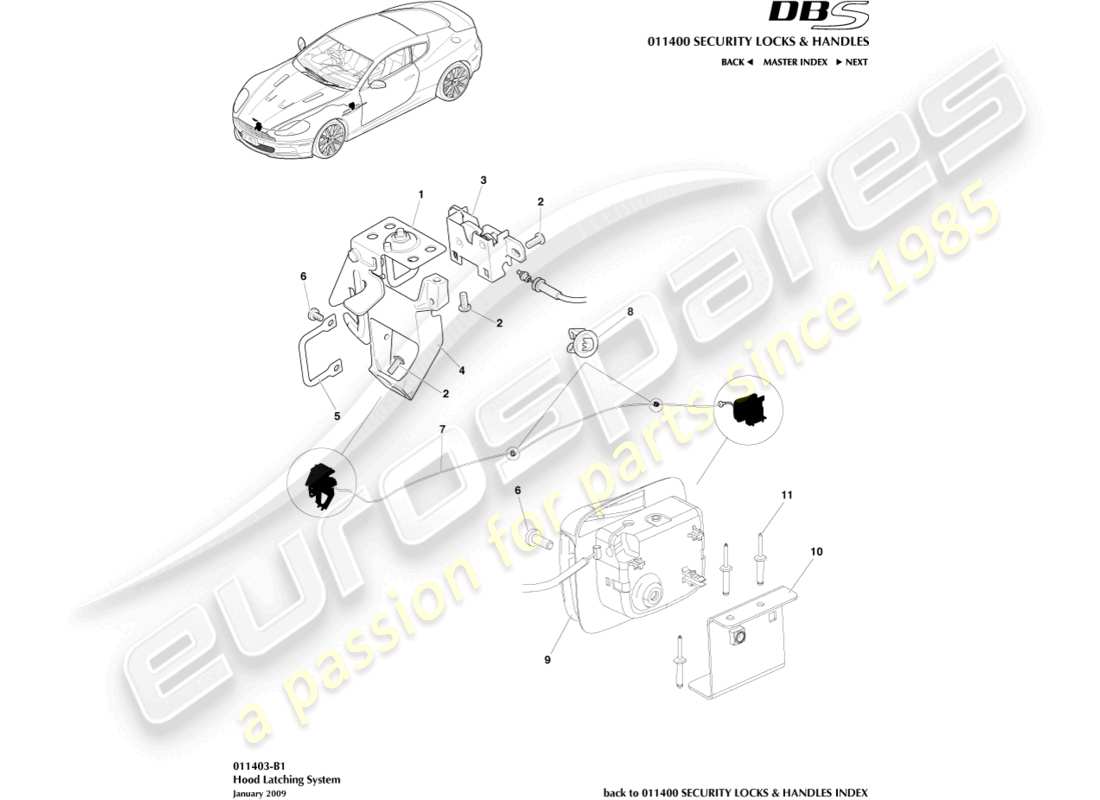 aston martin dbs (2012) hood latch system part diagram