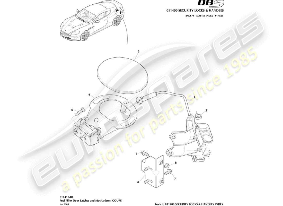 aston martin dbs (2014) fuel filler mechanism, coupe part diagram