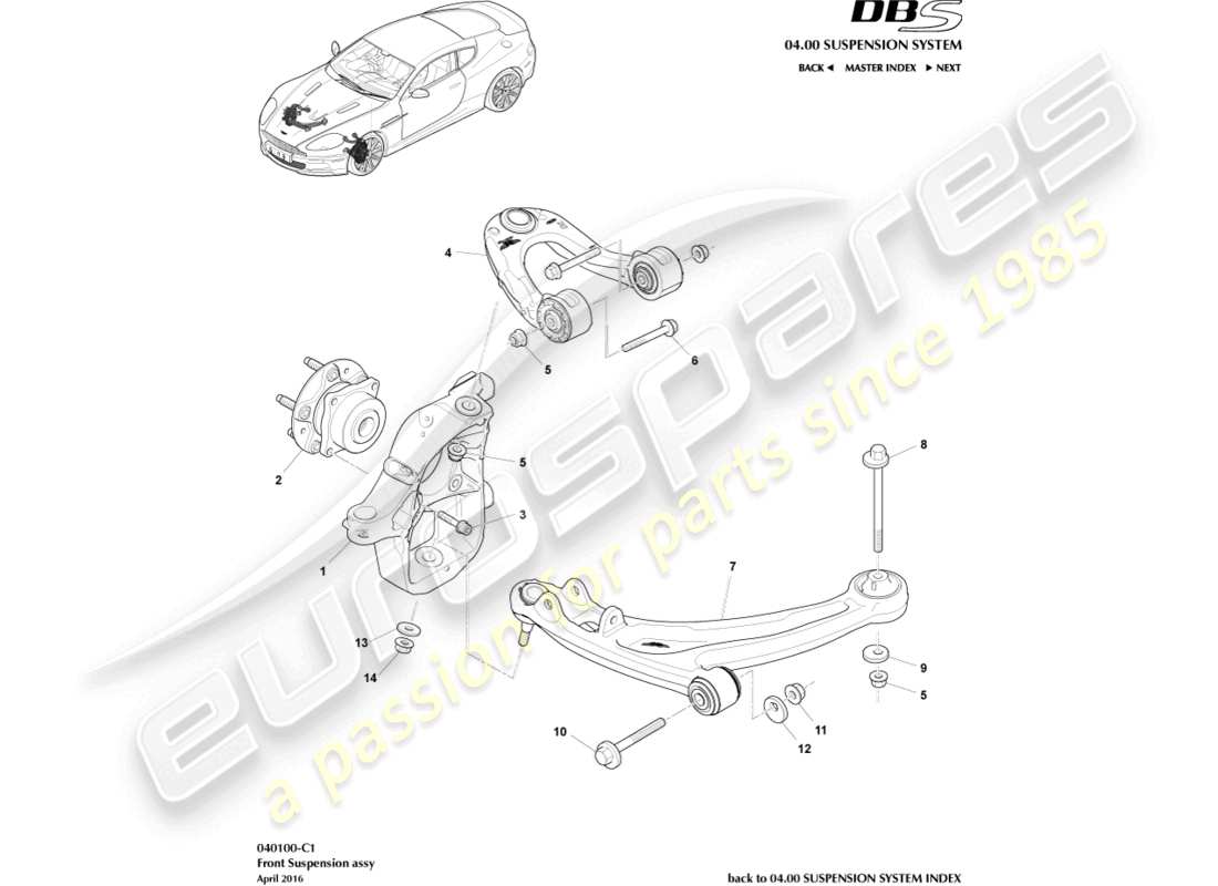 aston martin dbs (2012) front suspension assembly part diagram