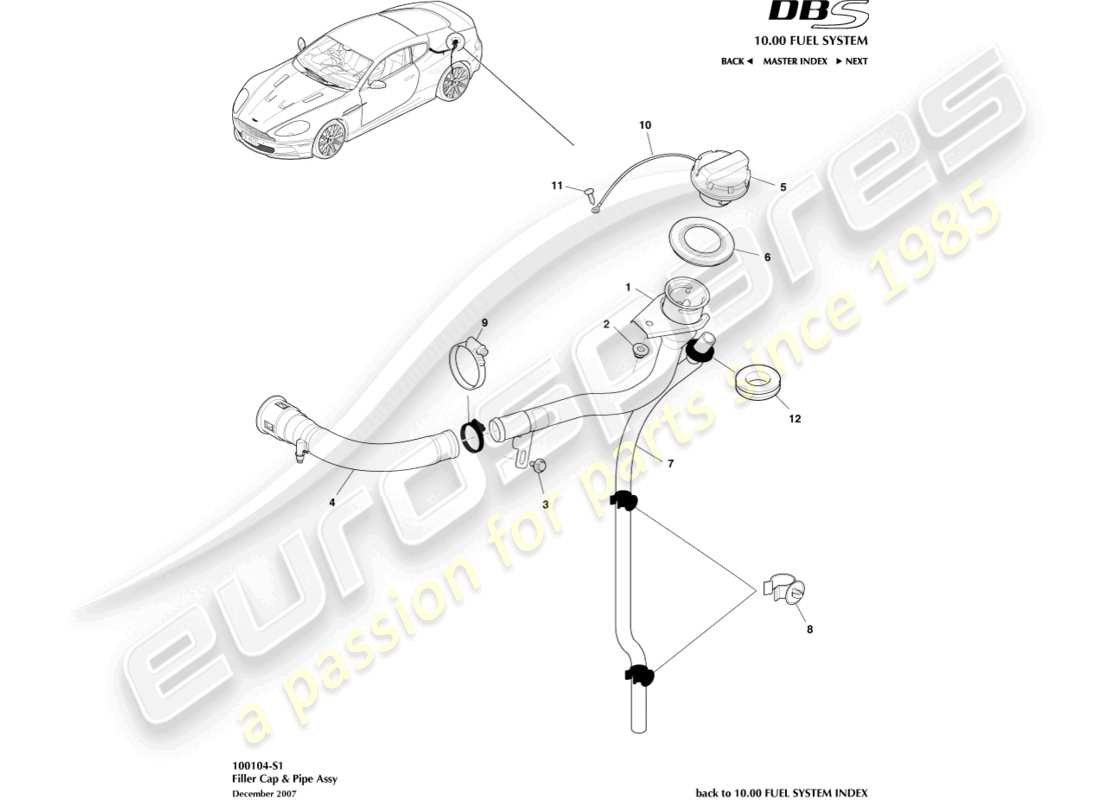 aston martin dbs (2011) fuel filler cap & pipe, coupe part diagram