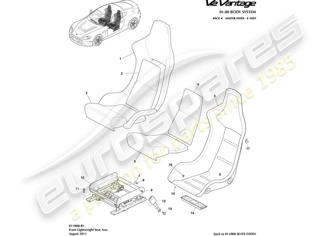 aston martin v12 vantage (2013) front lightweight seat part diagram