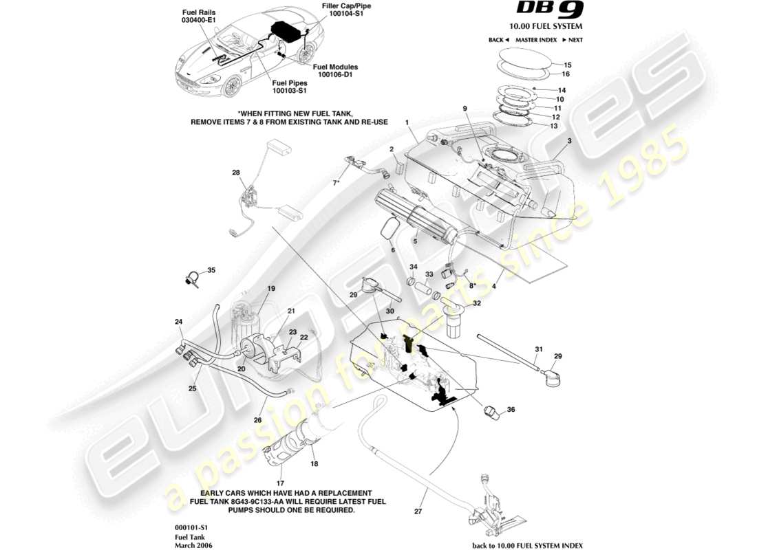 aston martin db9 (2007) fuel tank assy parts diagram