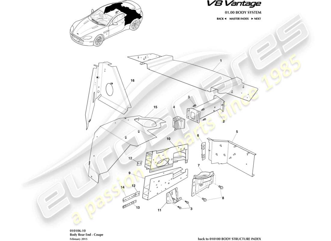 aston martin v8 vantage (2012) body rear end, coupe part diagram