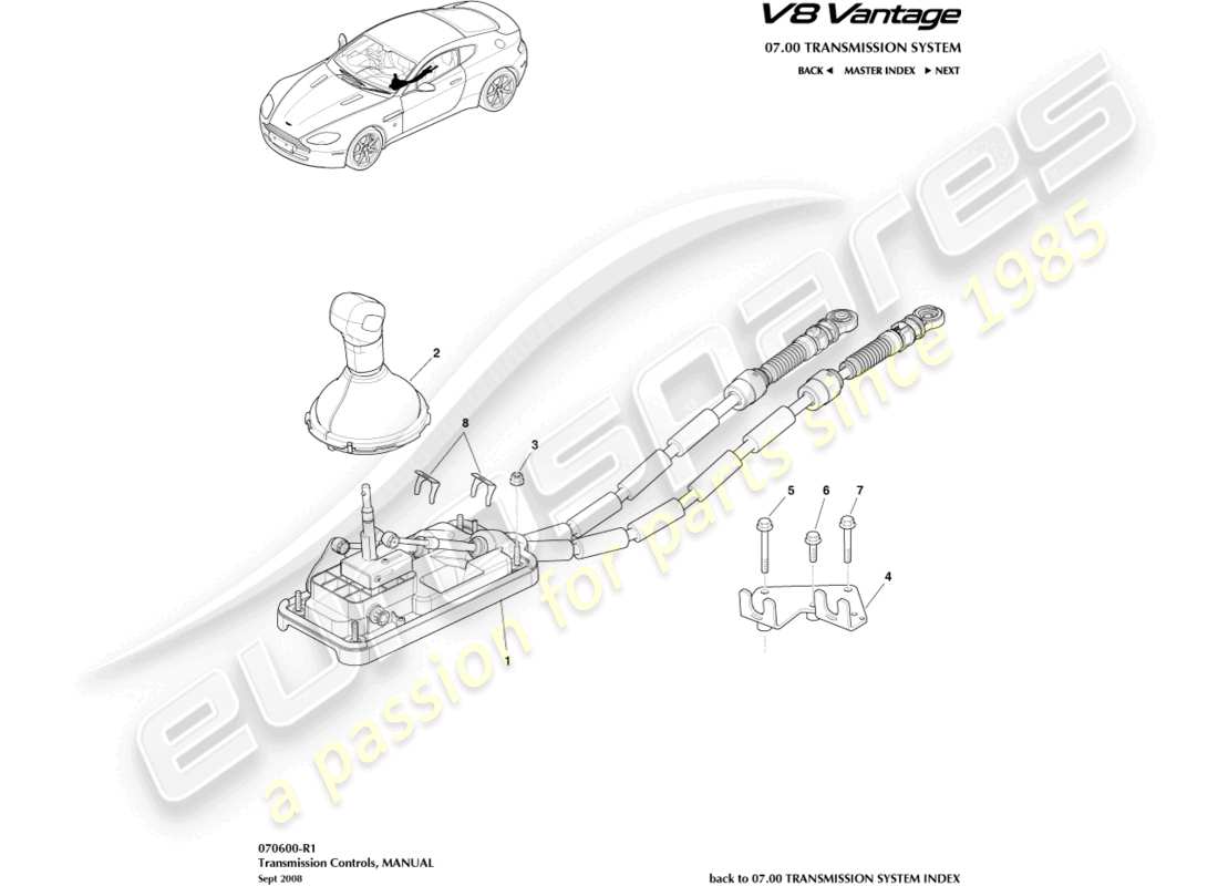 aston martin v8 vantage (2012) gear lever assembly, manual part diagram