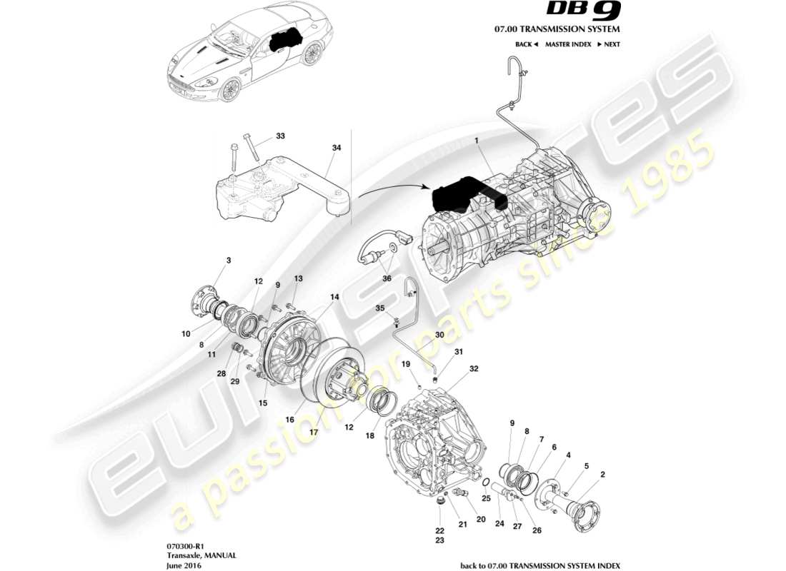 aston martin db9 (2009) transaxle, manual parts diagram