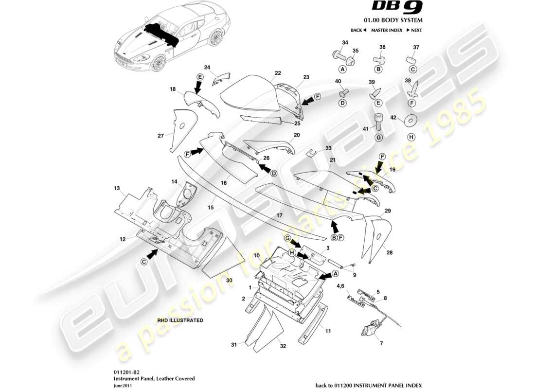 aston martin db9 (2004) instrument panel, leather parts diagram
