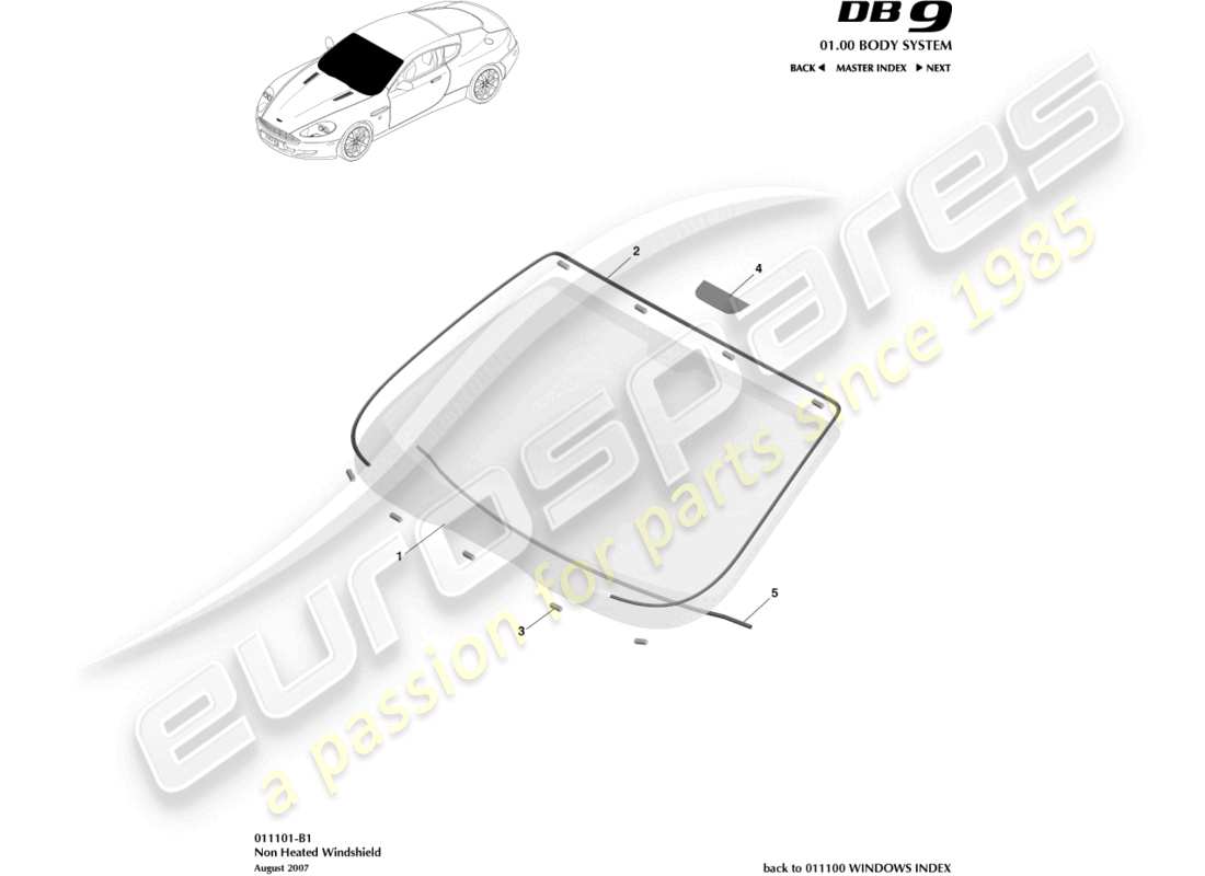 aston martin db9 (2004) windscreen, non heated parts diagram