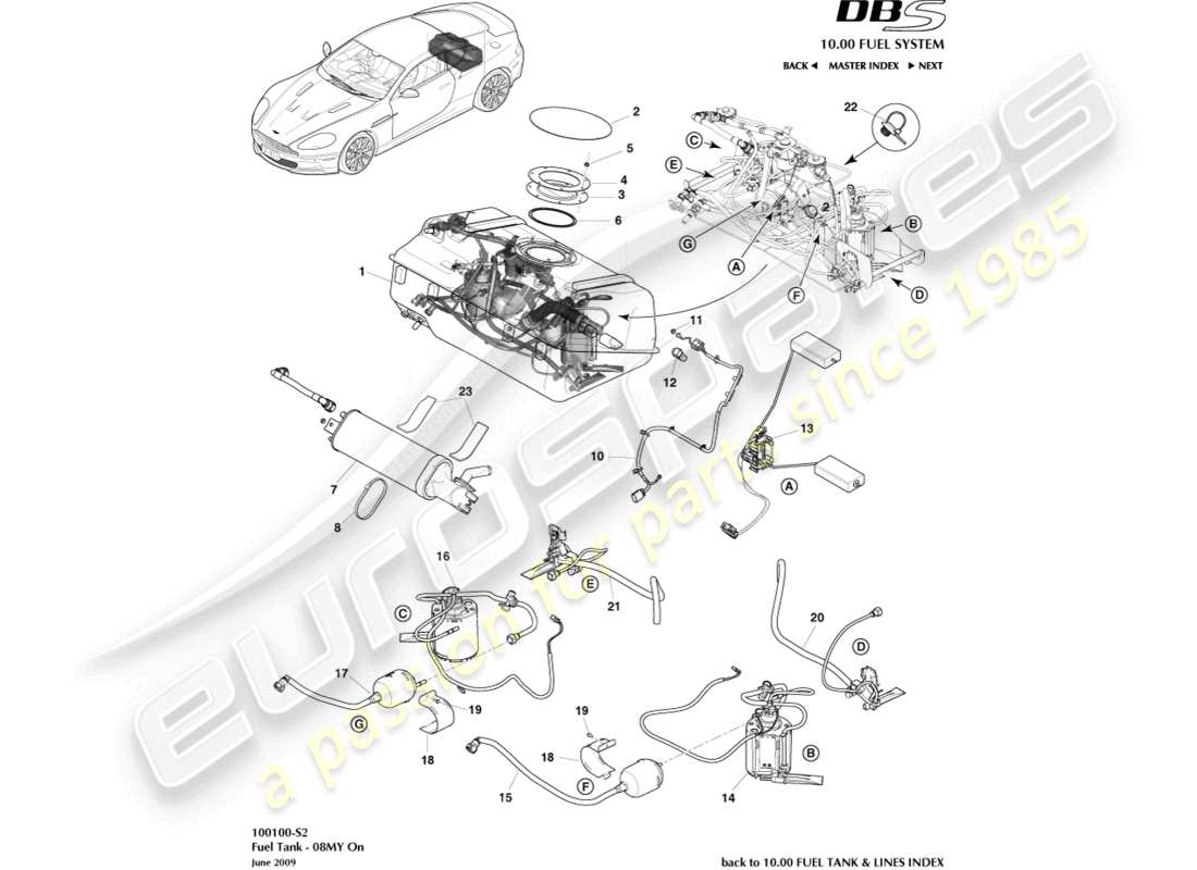 aston martin dbs (2011) fuel tank assy, 08my on part diagram