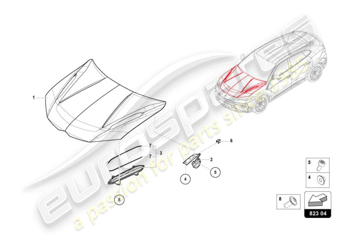 lamborghini urus performante (2024) bonnet parts diagram