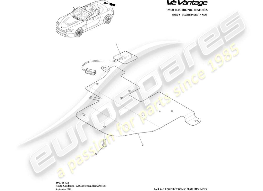 aston martin v12 vantage (2010) gps antenna, roadster part diagram