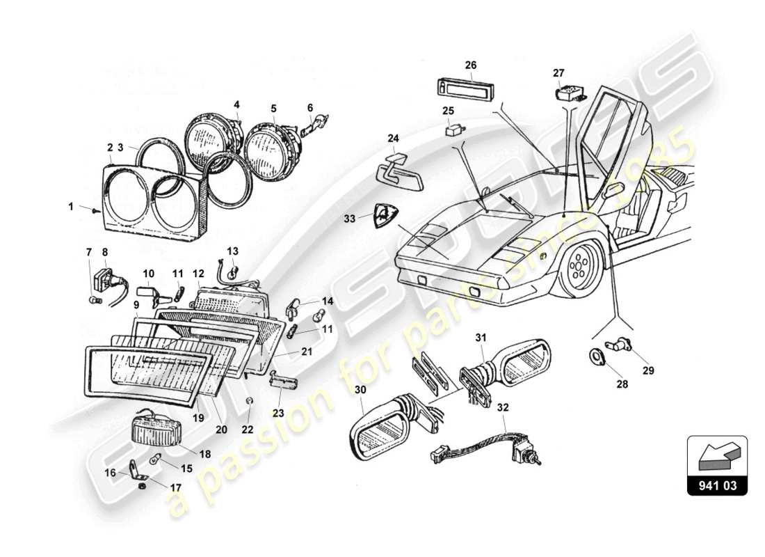 lamborghini countach 25th anniversary (1989) front lights parts diagram