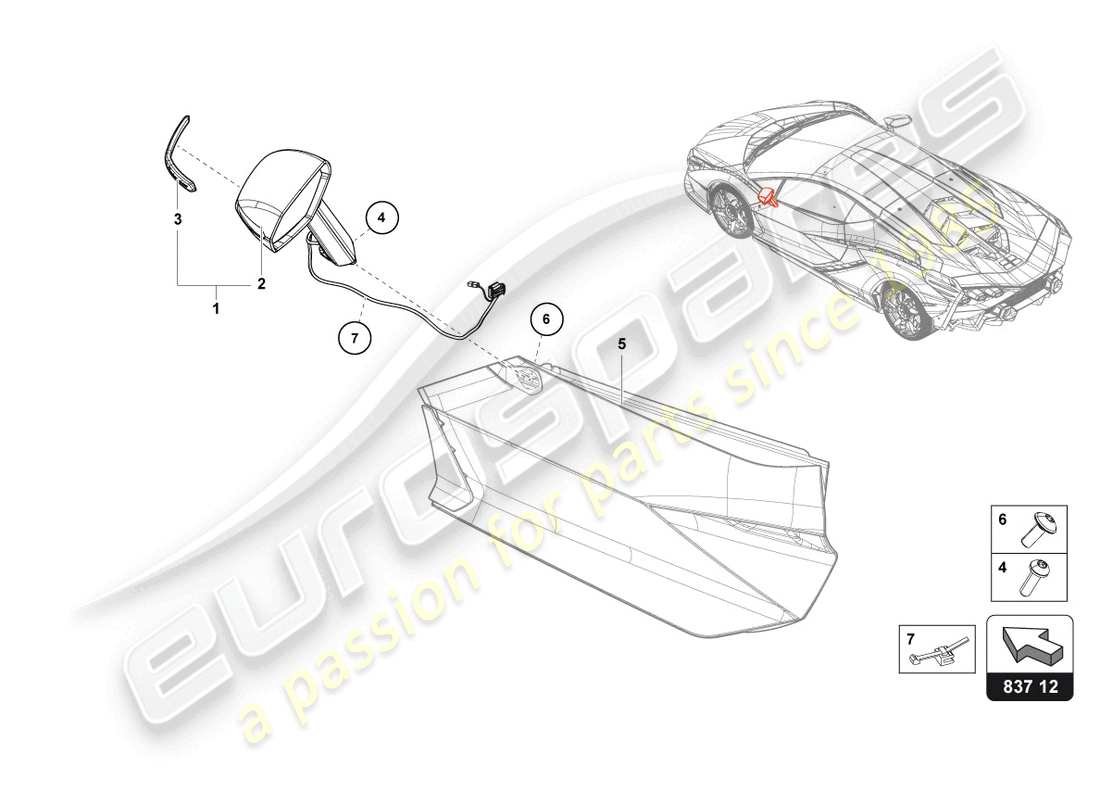 lamborghini sian roadster (2021) exterior mirror parts diagram