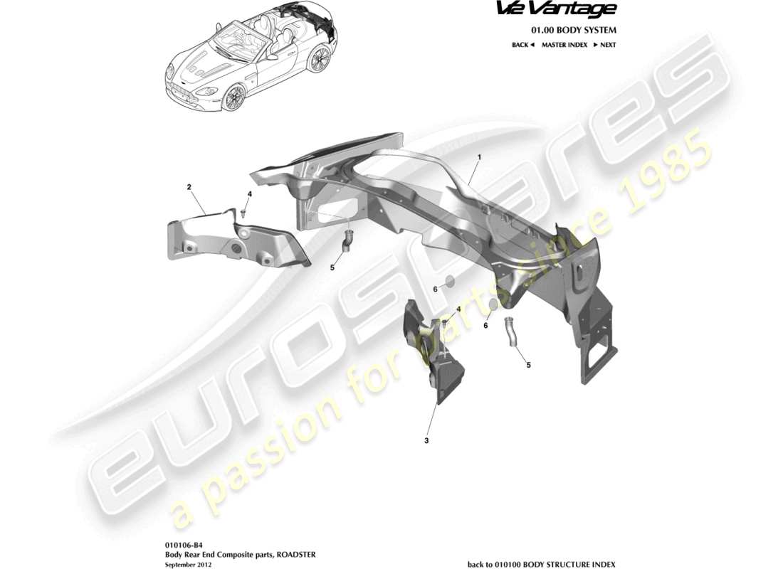 aston martin v12 vantage (2010) body rear end composite, roadster part diagram