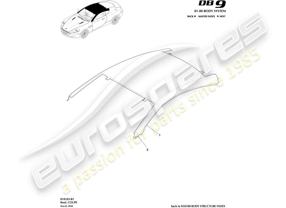 aston martin db9 (2007) roof, coupe part diagram