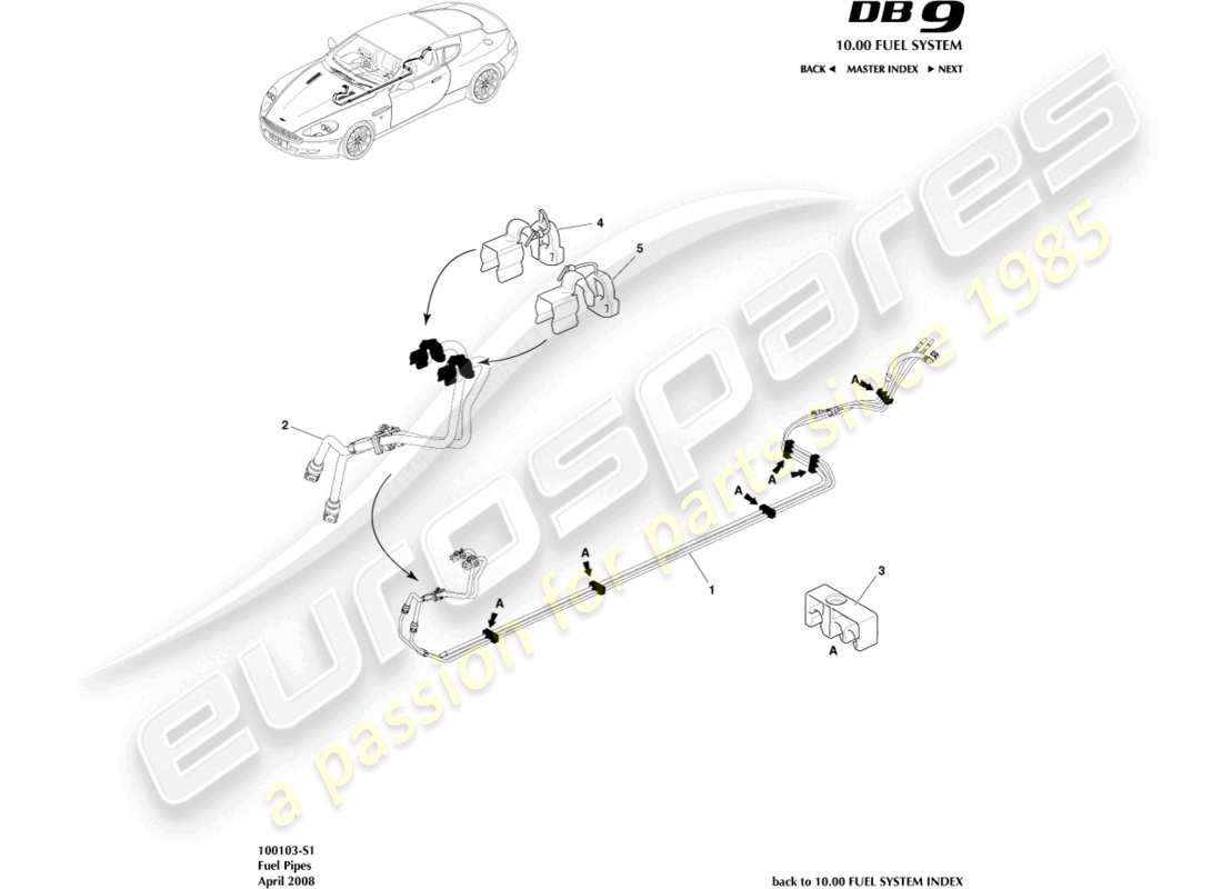 aston martin db9 (2010) fuel pipes parts diagram