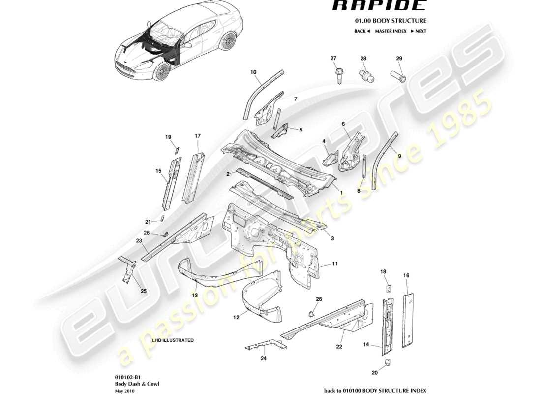 aston martin rapide (2011) body dash & cowl part diagram