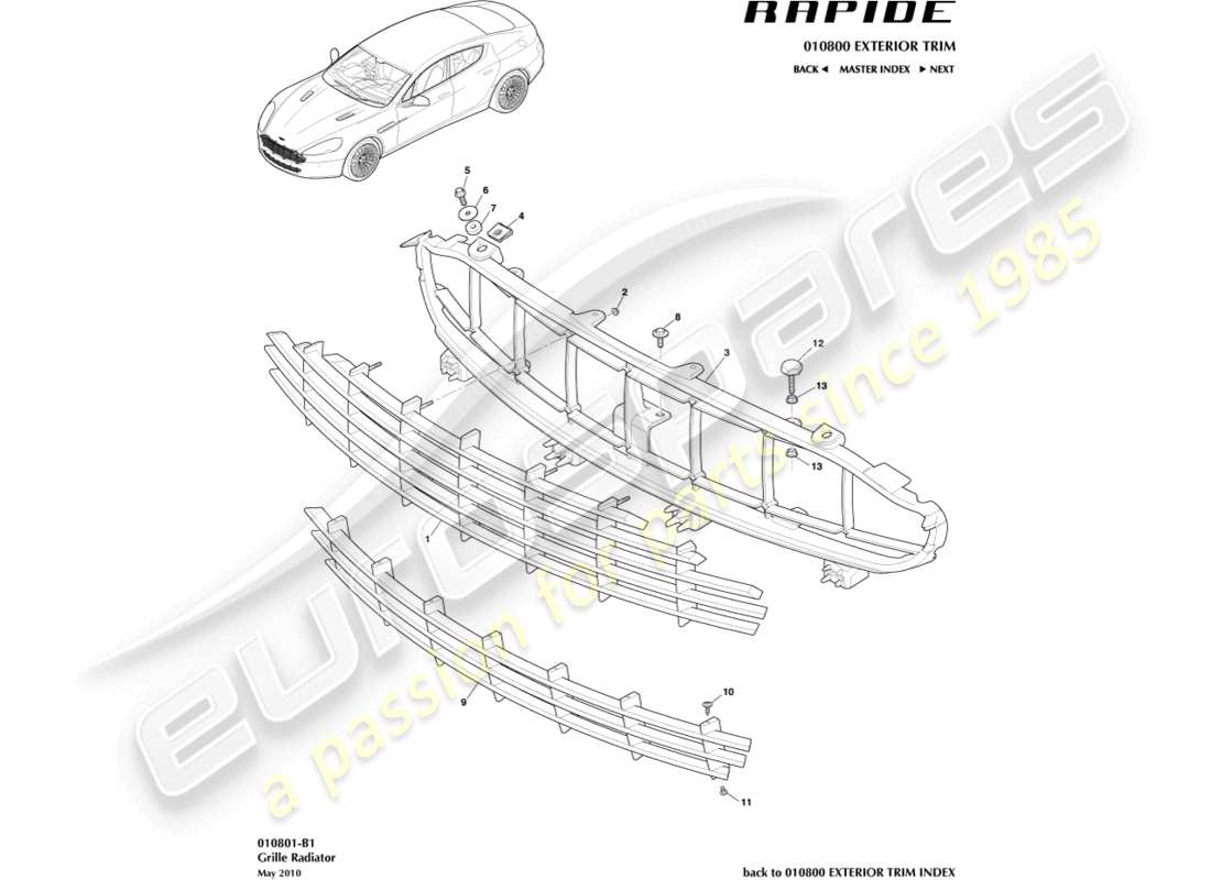 aston martin rapide (2019) radiator grille part diagram