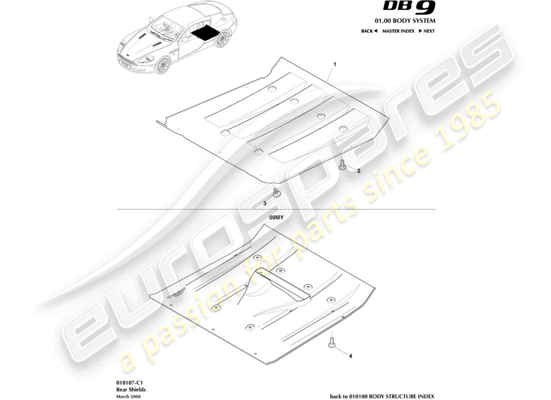 aston martin db9 (2010) rear underbody shields parts diagram
