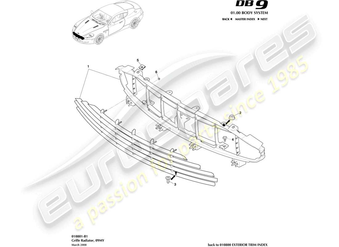 aston martin db9 (2011) radiator grille, 09my parts diagram