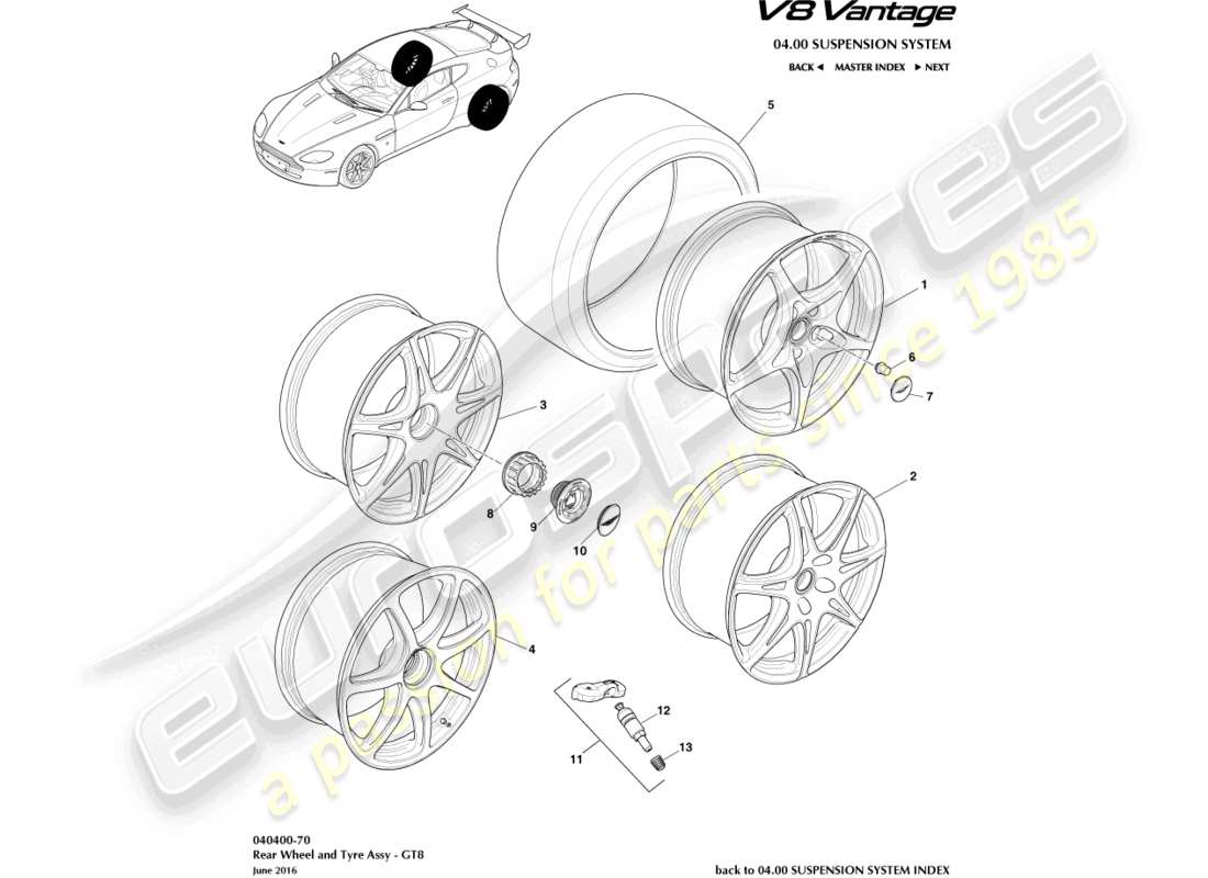 aston martin v8 vantage (2012) rear wheels & tyres, gt8 part diagram