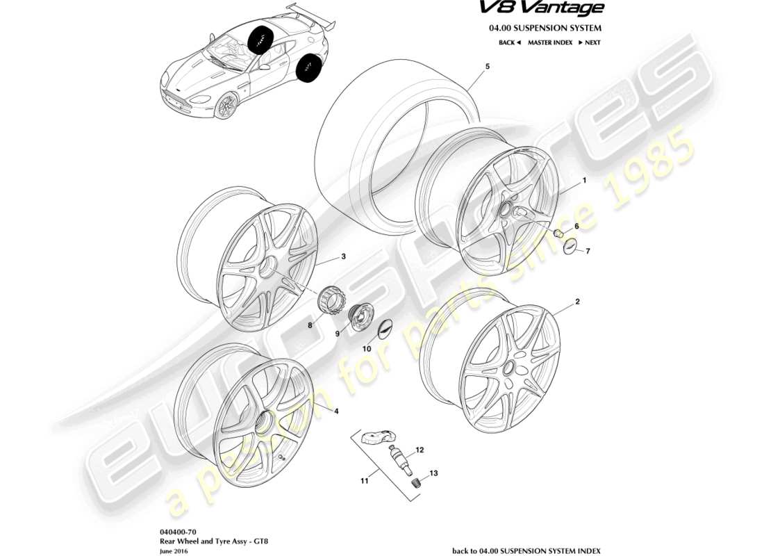 aston martin v8 vantage (2012) rear wheels & tyres, gt8 part diagram