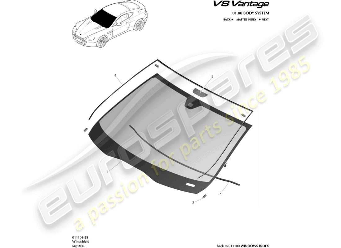 aston martin v8 vantage (2010) windshield part diagram