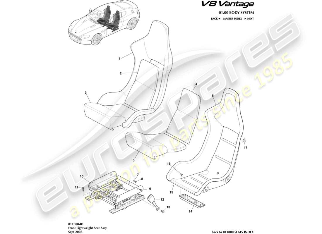 aston martin v8 vantage (2010) front lightweight seat part diagram