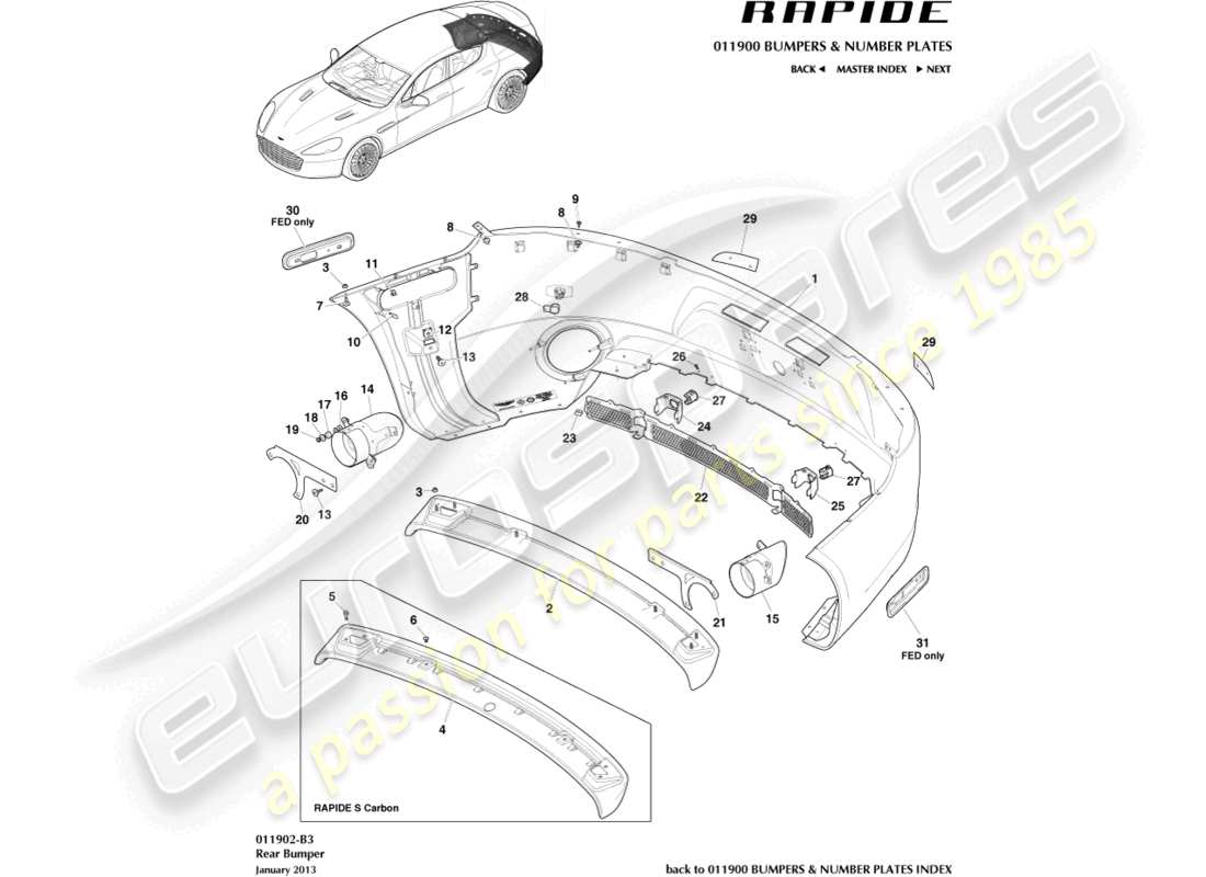 aston martin rapide (2013) rear bumper parts diagram