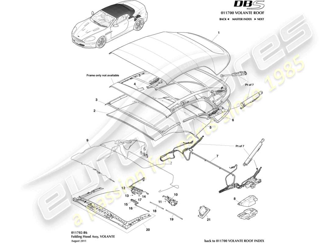 aston martin dbs (2014) volante roof assembly part diagram