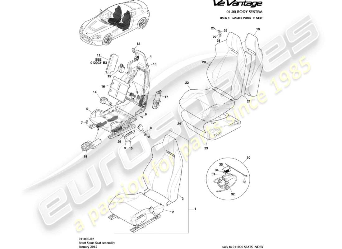 aston martin v12 vantage (2010) front sports seat part diagram