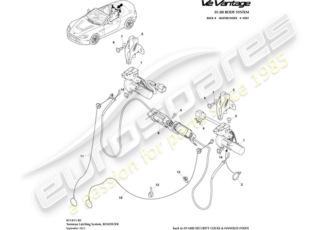 aston martin v12 vantage (2010) tonneau latching system part diagram