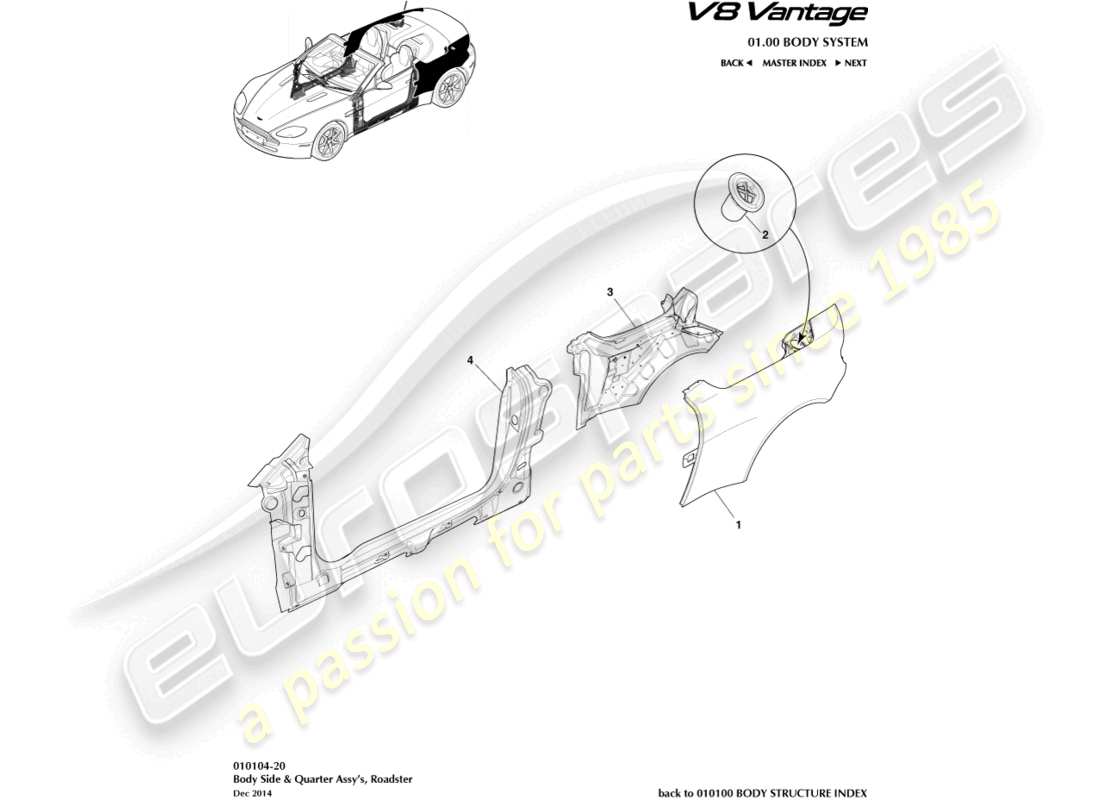 aston martin v8 vantage (2012) panel body side, roadster part diagram