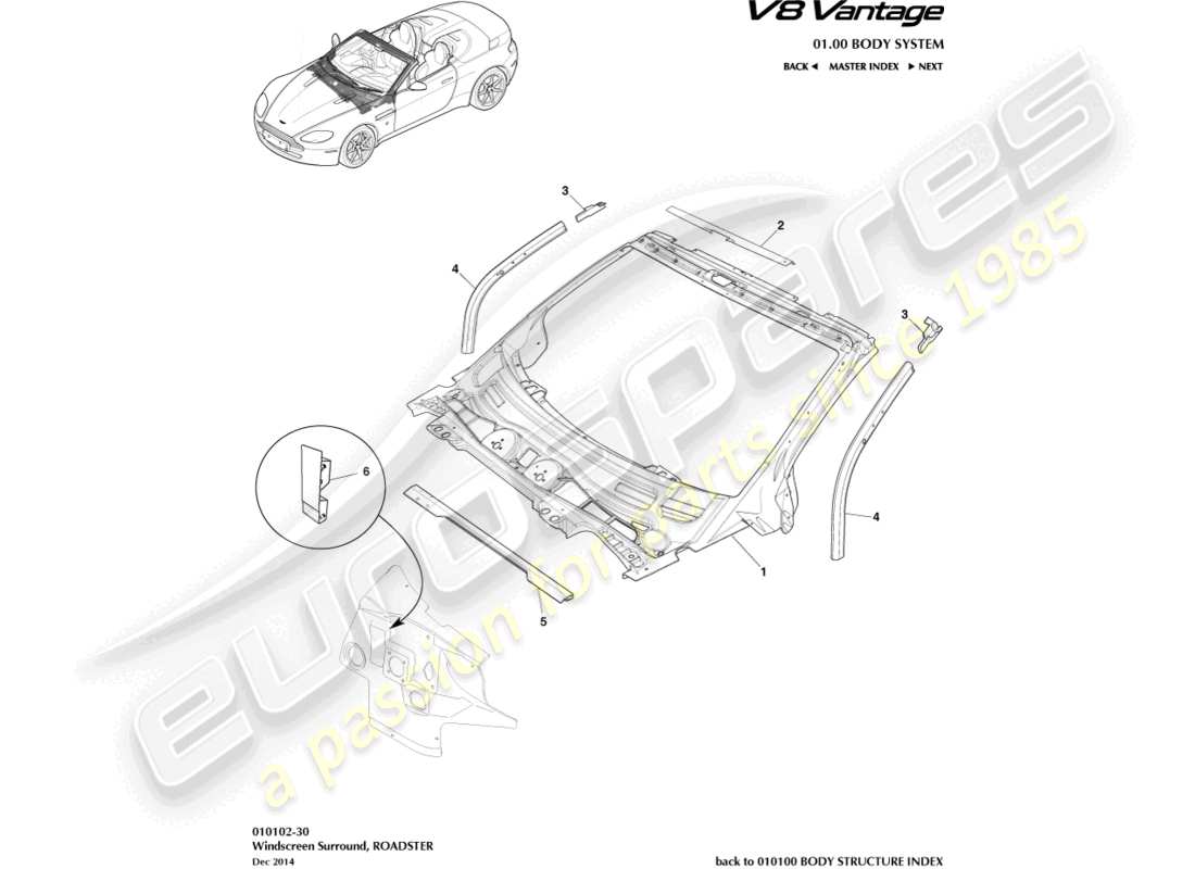 aston martin v8 vantage (2012) body dash and cowl, roadster part diagram