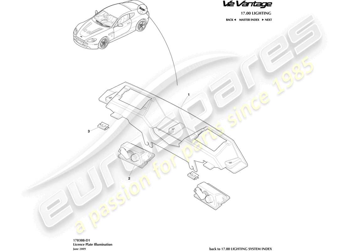 aston martin v12 vantage (2011) license plate lamps part diagram