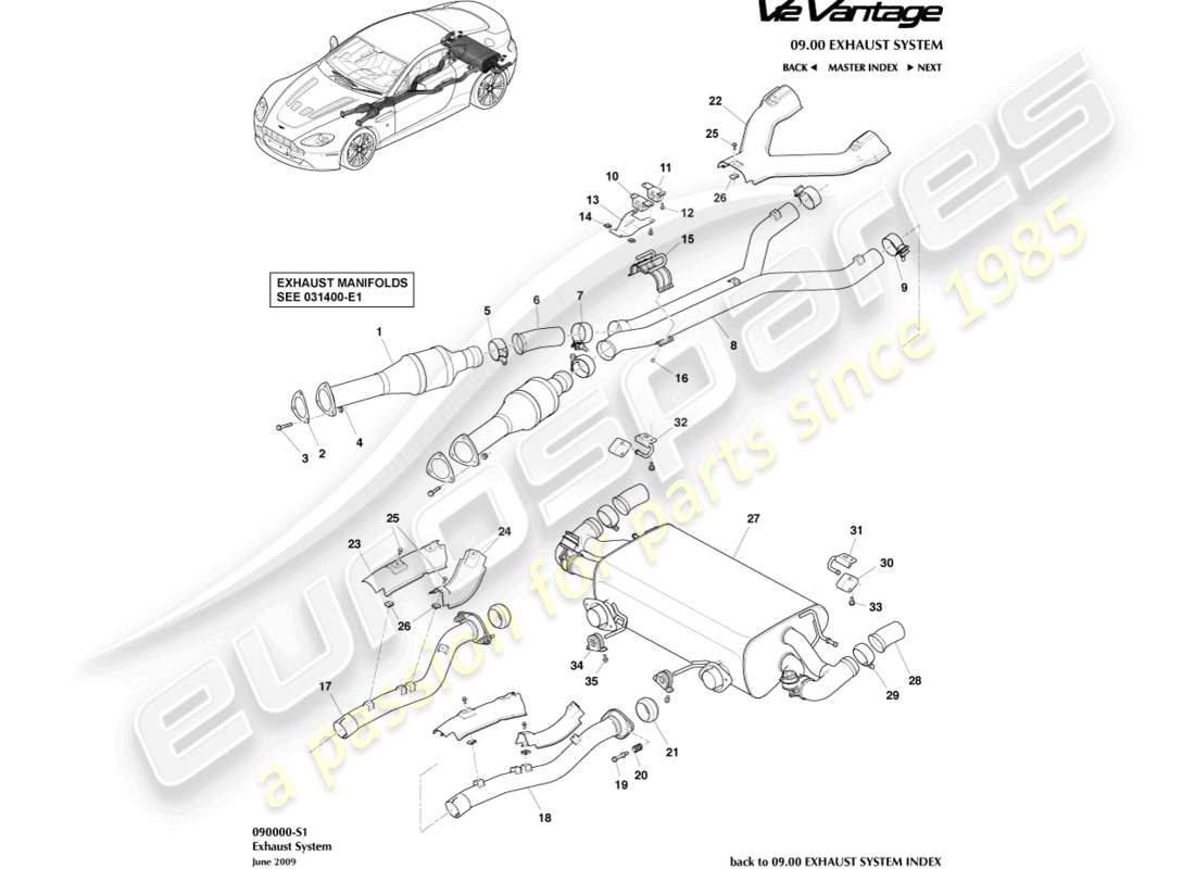aston martin v12 vantage (2011) exhaust system part diagram