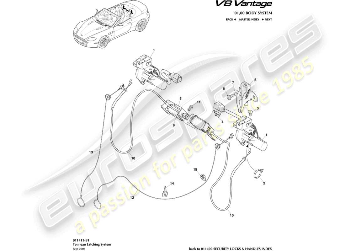 aston martin v8 vantage (2012) tonneau latching system part diagram