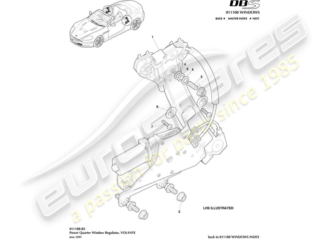 aston martin dbs (2012) rear quarter regulators, volante part diagram