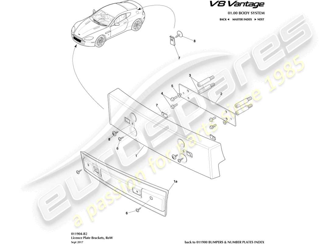 aston martin v8 vantage (2017) license plate brackets, row part diagram